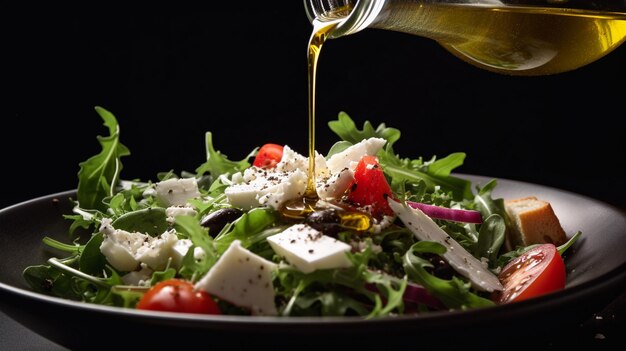 Bottiglia con olio d'oliva versato in insalata