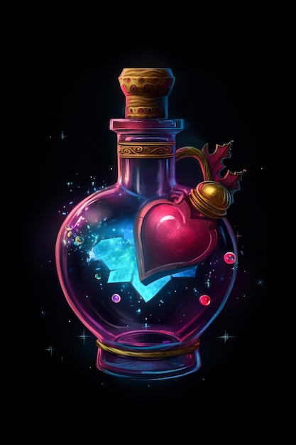 Bottiglia con pozione d'amore magica Fantasy incantesimo cuore elisir Pozione d'amore in un vaso di vetro