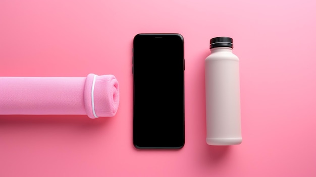 bottiglia con smartphone bottiglia pillole e pillole su sfondo rosa spazio di copia