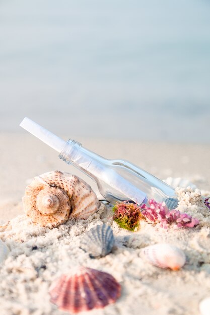 Bottiglia con un messaggio o una lettera sulla spiaggia vicino alla conchiglia. SOS. copyspace.