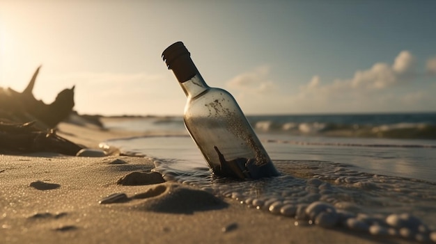 Bottiglia con una lettera dal relitto Una bottiglia con una nota che galleggia nell'oceano