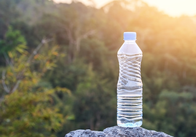 Bottiglia d&#39;acqua con sfondo di montagna.