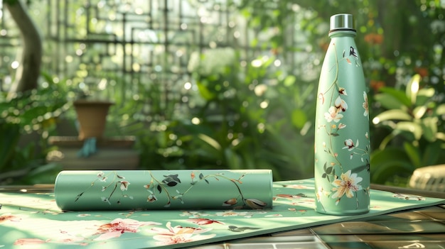 Bottiglia d'acqua ecologica con delicato disegno floreale e tappetino da yoga tra piante lussureggianti in serra