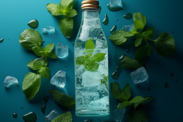 Bottiglia d'acqua fredda glassata con cubetti di ghiaccio impreziositi da foglie di menta