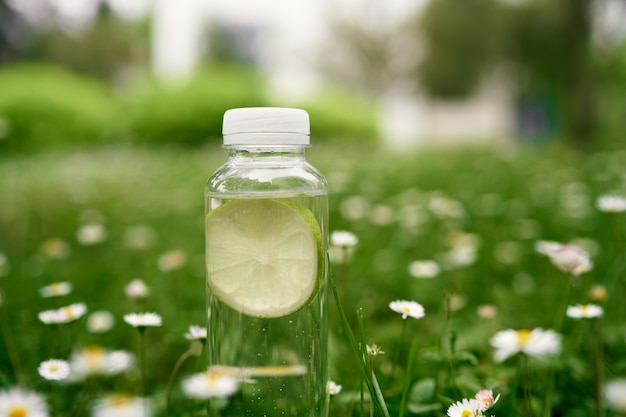 Bottiglia d'acqua sull'erba verde tra le margherite