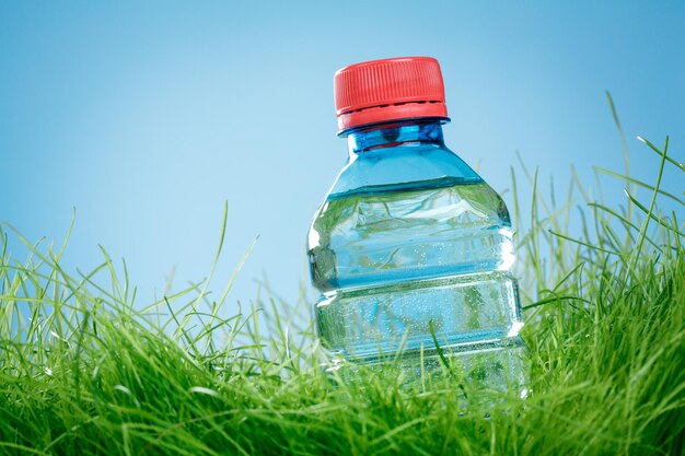 Bottiglia d'acqua sull'erba verde