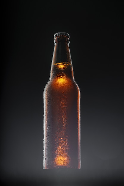 Bottiglia da birra su sfondo scuro, copia spazio