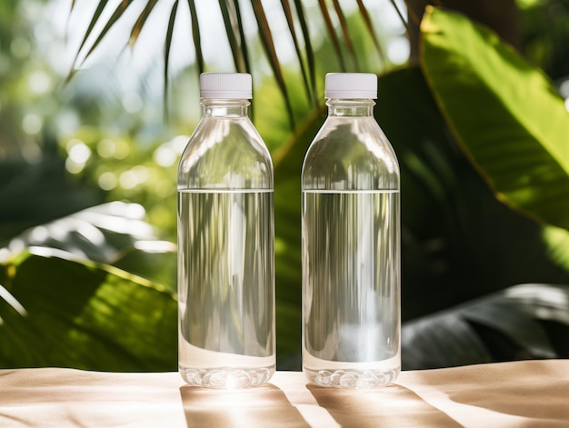 bottiglia di acqua potabile bianca vuota prodotta sull'assortimento di foto del tavolo bianco con bicchiere minimo