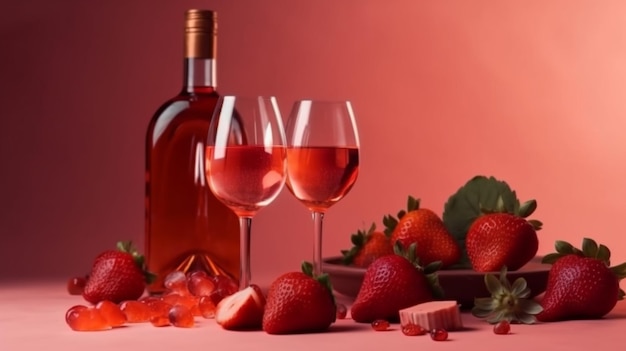 Bottiglia di bicchieri di vino rosato e fragole su uno sfondo rosa ai generativo