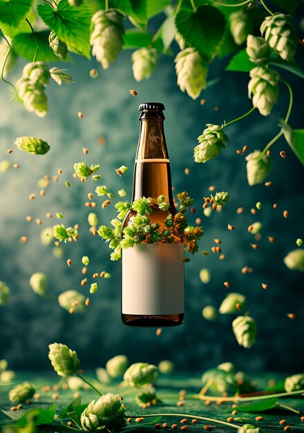 Bottiglia di birra a etichetta bianca con sfondo di luppolo verde