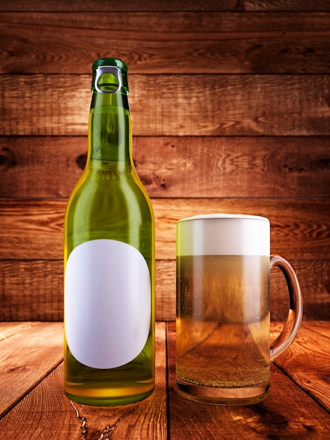 Bottiglia di birra con etichetta poster mockup e vetro Rendering 3D di sfondo in legno