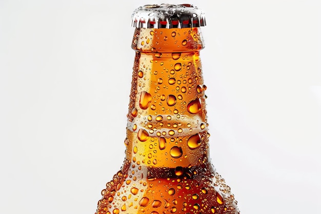 Bottiglia di birra con gocce su sfondo bianco Il file contiene il percorso di ritaglio