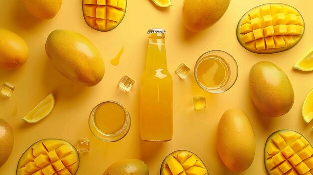 Bottiglia di birra di mango e frutta di mango fresca fette e bicchieri su sfondo giallo generato dall'AI