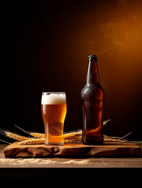 Bottiglia di birra e vetro su un tavolo di legno con spighe di grano su backgroundAI scuro Generato