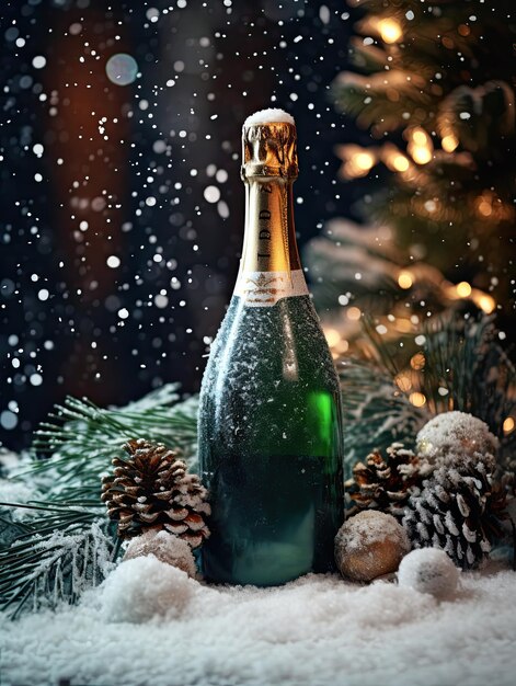 Bottiglia di champagne accanto agli ornamenti di Natale