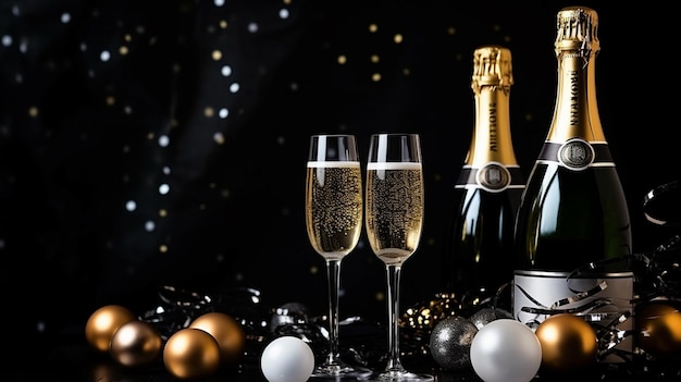 bottiglia di champagne con bicchieri e due bottiglie di champagne su sfondo scuro tema di Natale copia spazio festa di Capodanno