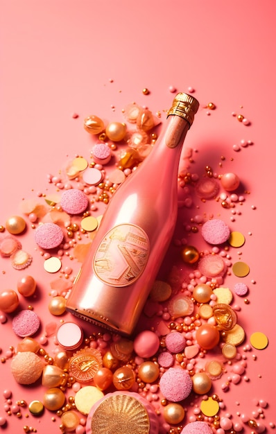 Bottiglia di champagne con ornamenti e decorazioni dorati su sfondo rosa