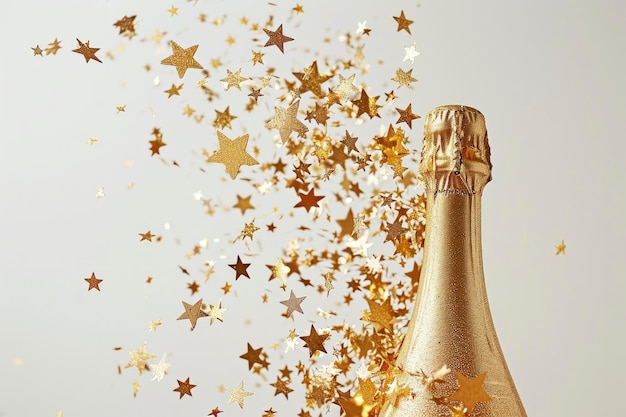 Bottiglia di champagne con stelle di confetti e strisce di festa su uno sfondo festivo concetto di compleanno o matrimonio di Natale