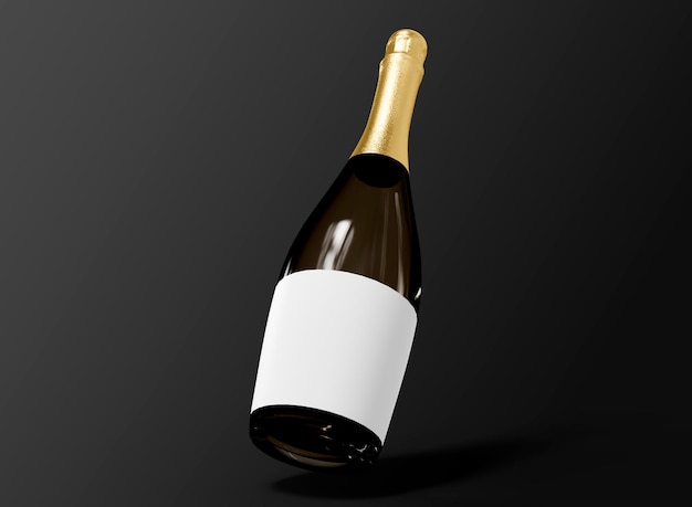 Bottiglia di champagne galleggiante su sfondo scuro. Bottiglia di Champagne isolata. rappresentazione 3d
