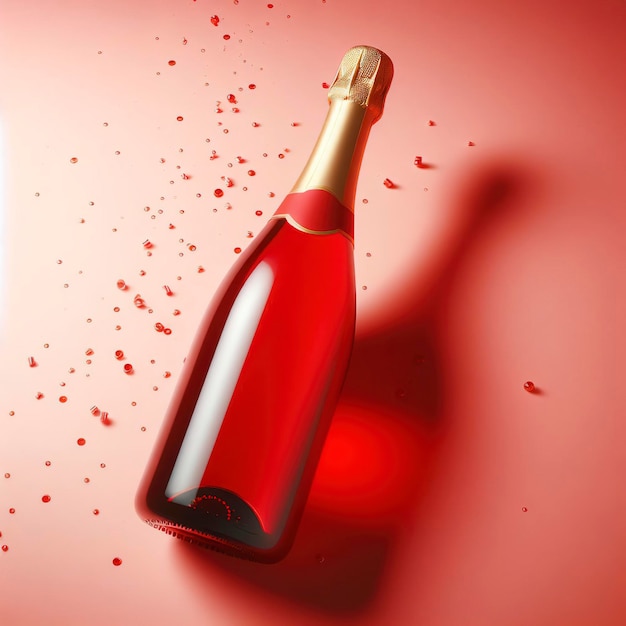 bottiglia di champagne rosso su sfondo rosso chiaro