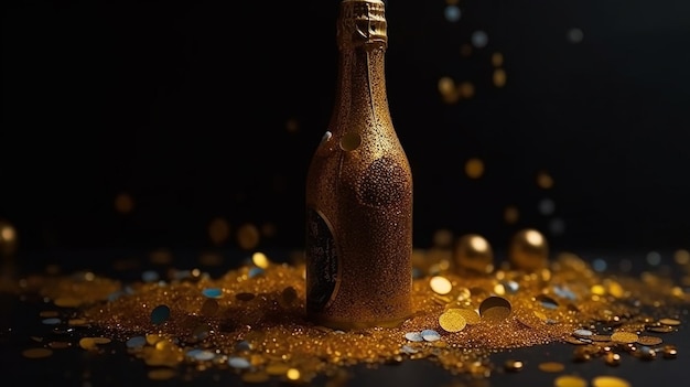 Bottiglia di champagne scintillante con polvere d'oro