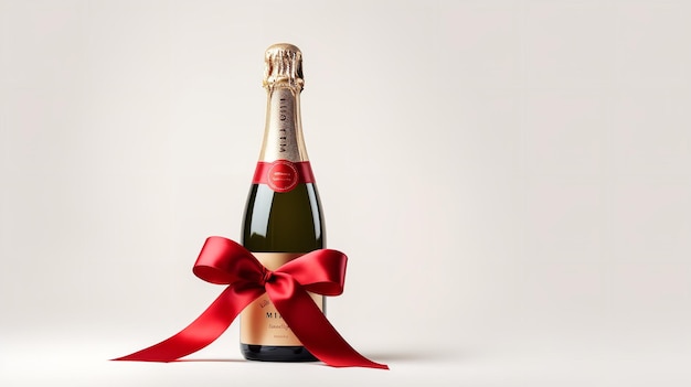 Bottiglia di champagne su sfondo pulito con bottoni automatici a nastro rosso e stelle. Intelligenza artificiale generativa