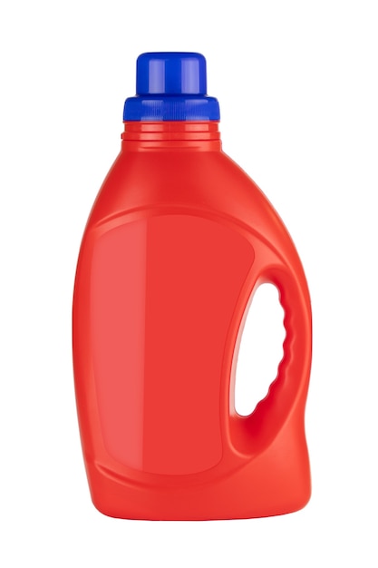 Bottiglia di contenitore detergente in plastica rossa mock up con spazio vuoto per il tuo design su sfondo bianco