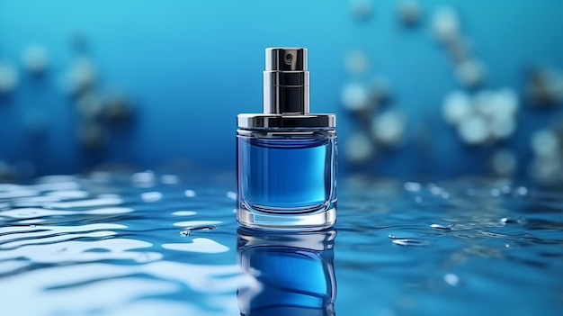 Bottiglia di cosmetici blu sulla superficie dell'acqua