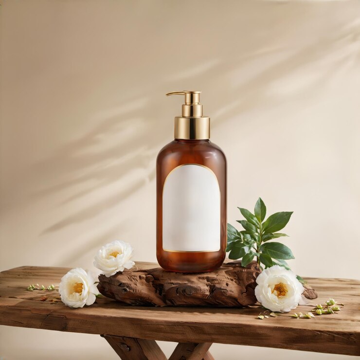 Bottiglia di cosmetici di lusso con accenti floreali su sfondo beige