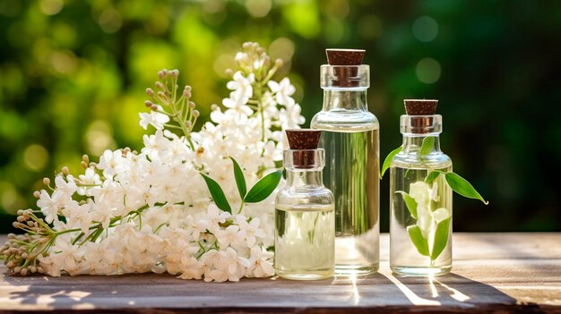 bottiglia di estratto di olio essenziale con fiori di acacia freschi su uno sfondo di legno