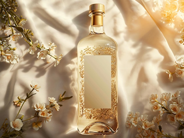 bottiglia di gin bianco con etichetta modello su uno sfondo di seta bianca con fiori bianchi