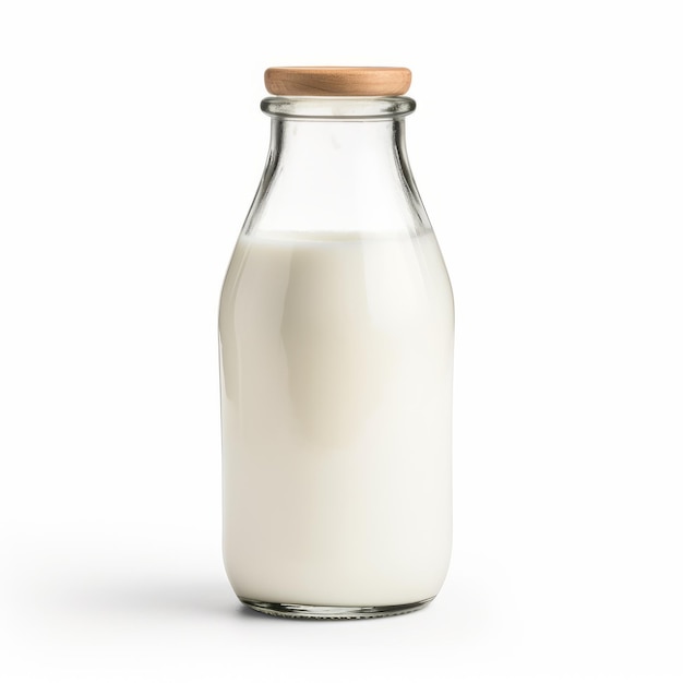 Bottiglia di latte a risoluzione 8k con coperchio di legno su sfondo bianco