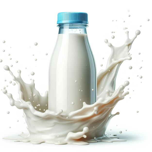 bottiglia di latte di plastica con spruzzo di latte isolato su sfondo bianco