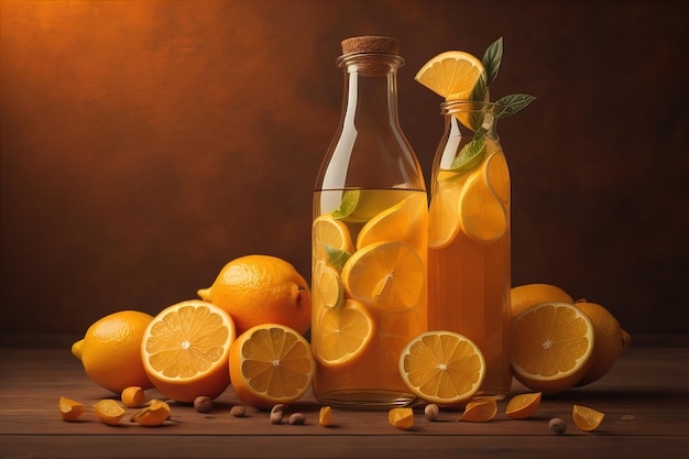 Bottiglia di limonata fatta in casa con limoni freschi e arance su tavolo di legno generativo ai