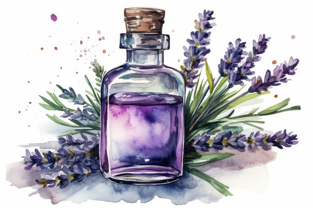 Bottiglia di liquido viola accanto a fiori di lavanda IA generativa