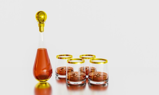 Bottiglia di liquore di lusso o bottiglia di whisky coperchio a forma di diamante con una striscia dorata e avere una bottiglia piena di bevanda un bicchiere di whisky trasparente con liquore nel bicchiere rendering 3D