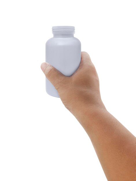 Bottiglia di medicina a portata di mano isolata su uno sfondo bianco