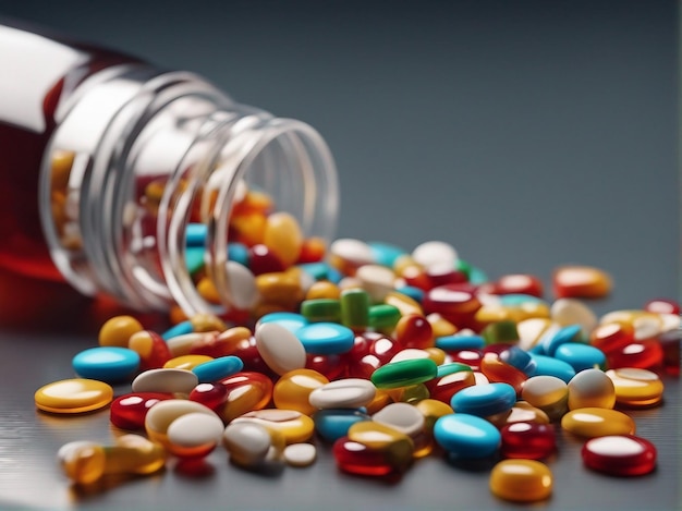 Bottiglia di medicina che rovescia pillole colorate che raffigurano i rischi di dipendenza generati dall'IA