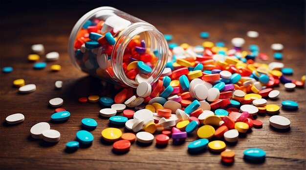 Bottiglia di medicina che rovescia pillole colorate che raffigurano rischi di dipendenza AI generativa