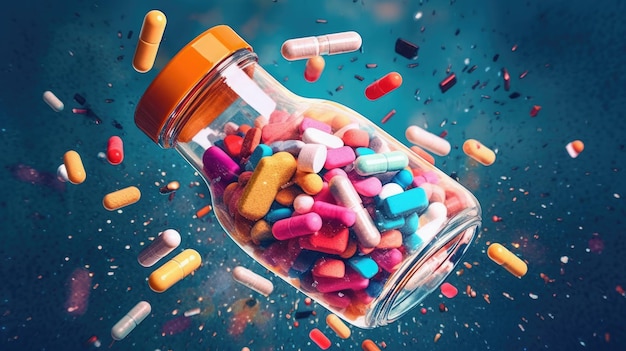 Bottiglia di medicina che versa pillole colorate raffiguranti i rischi di dipendenza AI Generato