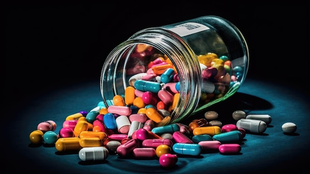 Bottiglia di medicina che versa pillole colorate raffiguranti i rischi di dipendenza AI Generato