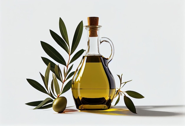 Bottiglia di olio con ramoscello e olive su sfondo bianco AI generativa