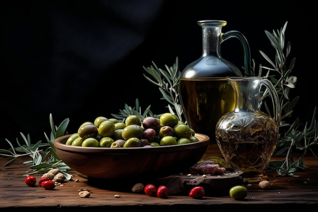 Bottiglia di olio d'oliva con olive e foglie AI generativa