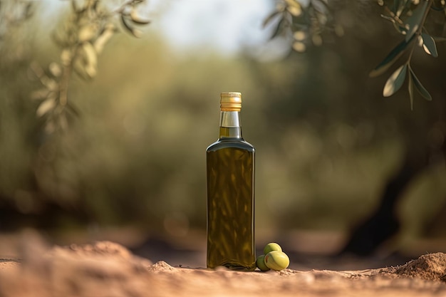 Bottiglia di olio d'oliva con olive verdi in background