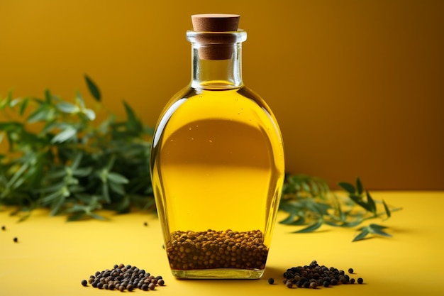 Bottiglia di olio d'oliva con una miscela di spezie su uno sfondo giallo