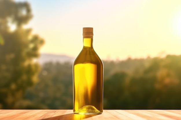 bottiglia di olio d'oliva d'oro sul tavolo in legno campo di ulivi AI immagine generata
