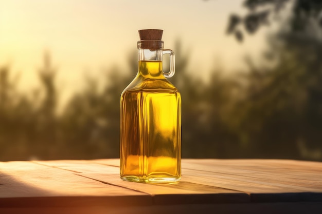 bottiglia di olio d'oliva d'oro sul tavolo in legno campo di ulivo AI generativo