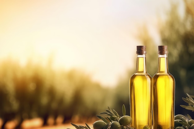 bottiglia di olio d'oliva d'oro sul tavolo in legno campo di ulivo AI