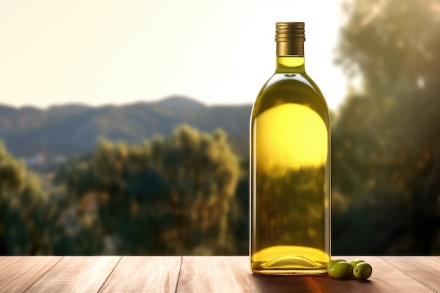bottiglia di olio d'oliva dorata sul tavolo in legno Campo di ulivi generato da AI