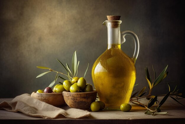 Bottiglia di olio d'oliva e olive su uno sfondo rustico e di pietra